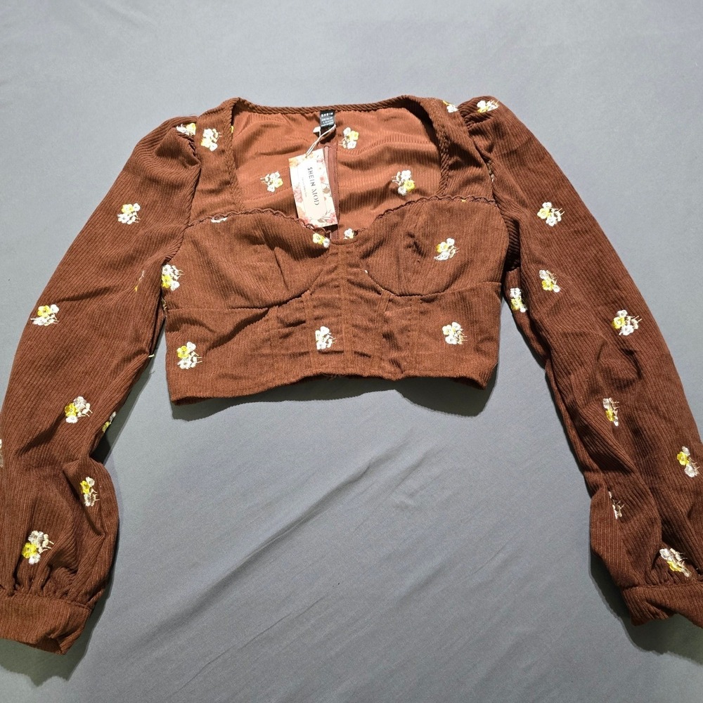 NEW SHEIN MOD Brown Corduroy Floral Embroidered Crop Top Long Sleeve Large